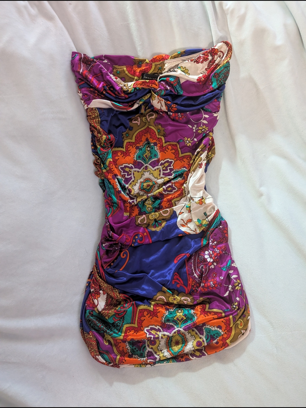 Forever 21 Y2K Silky Satin Paisley Print Ruched Bodycon Mini Dress Strapless